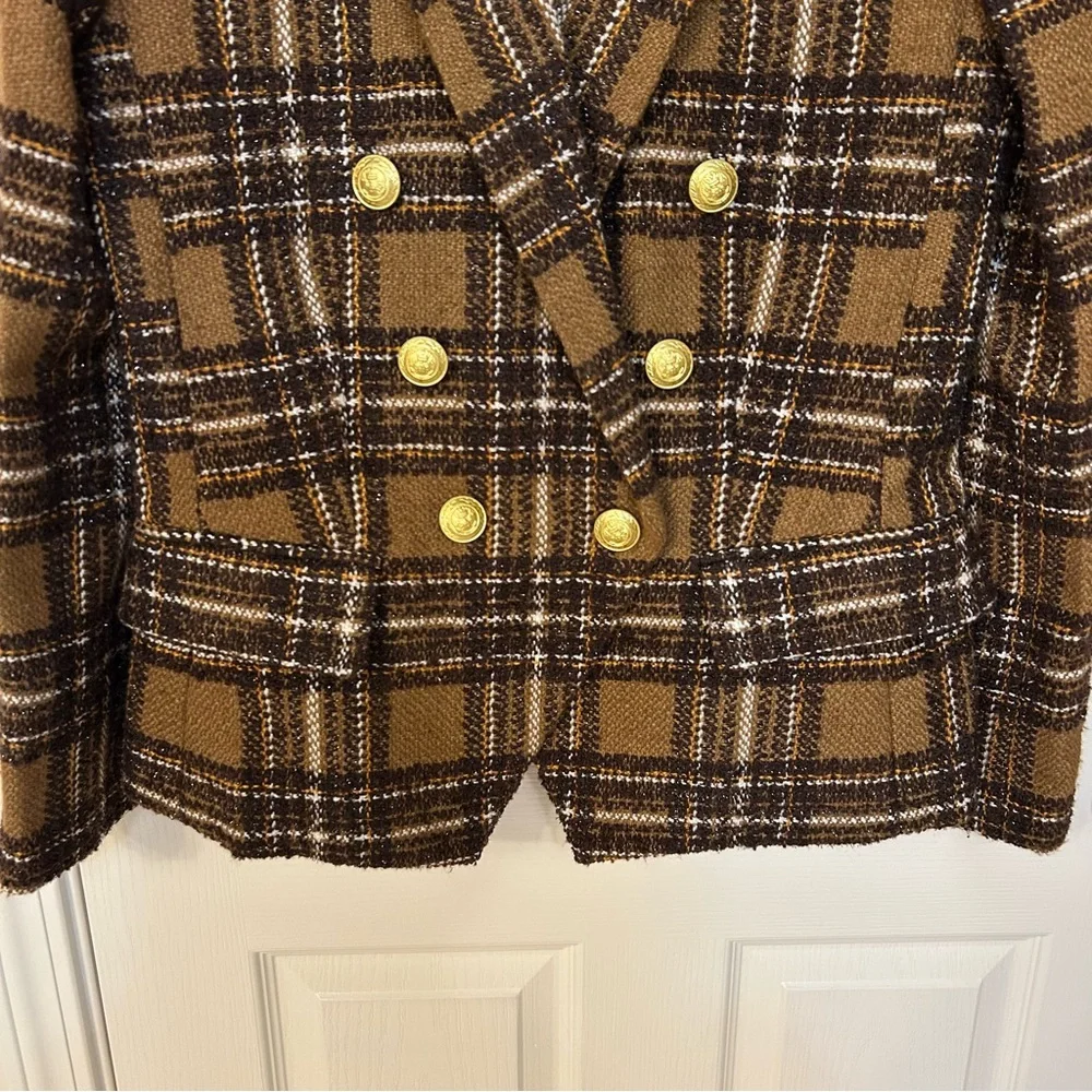 L'AGENCE Kenzie Plaid Tweed Double-Breasted Blazer in Brown / Gold Size 6 - Picture 11 of 15